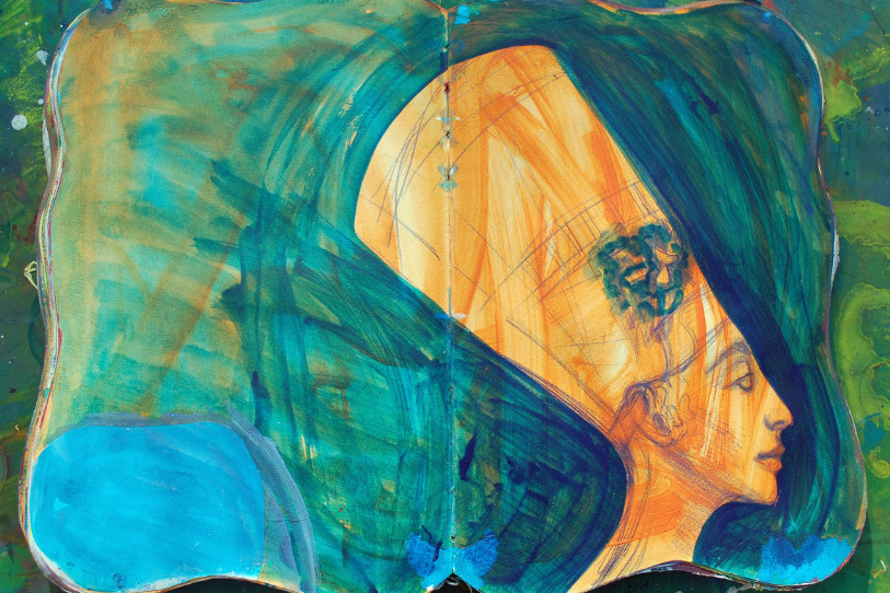 Darko Vulic, artiste serbo-croate basé à Boncourt, réalise de longs rouleaux dessinés à l’encre de Chine ainsi que de grands livres peints (Photo : Page d’un journal de Darko Vulic, « Pharaonne Néfertiti », 2021, dessin et peinture acrylique, 35 x 50 cm)