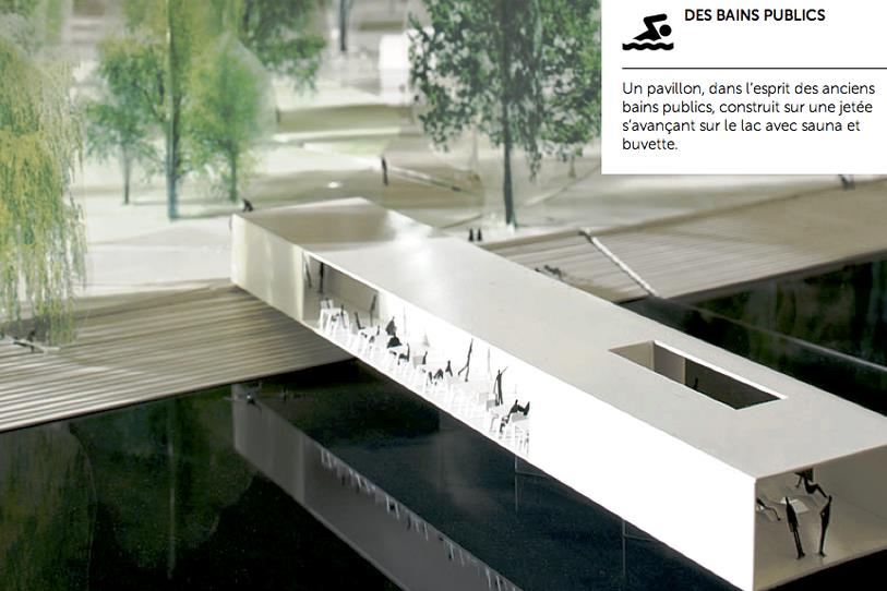 Après le sauna, à l'extrémité de la construction, un accès au lac serait aménagé. Image (Association l'Autre bain public) d'une maquette du site.