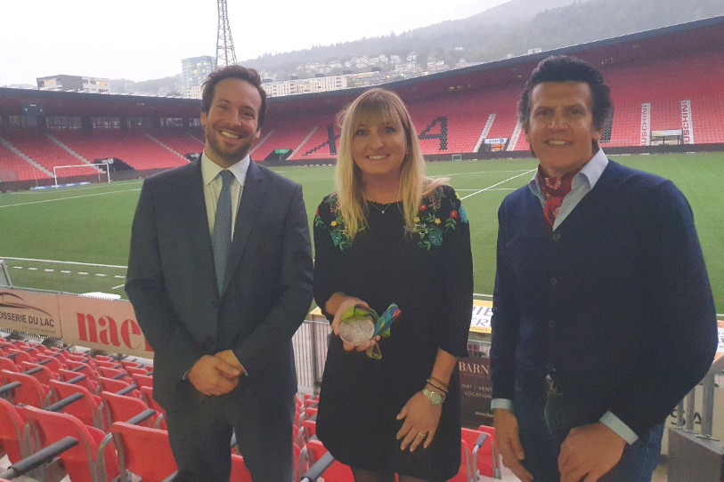 De g. à d. : Benjamin Cohen, (directeur général de l'Agence de contrôles international), Timea Bacsinszky, (ancienne joueuse de tennis suisse et médaillée d'argent à Rio), Christophe Dubi (Directeur Exécutif du comité international olympique).