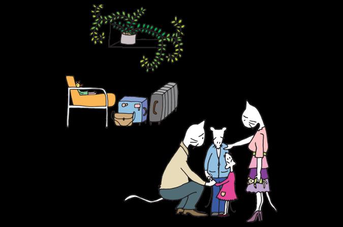 dessin de souris adultes qui consolent un souriceau