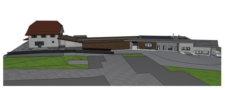 Le bâtiment actuel de la fromagerie de Develier (à g.) sera prolongé avec une nouvelle construction. (Illustration d'alysis SA)