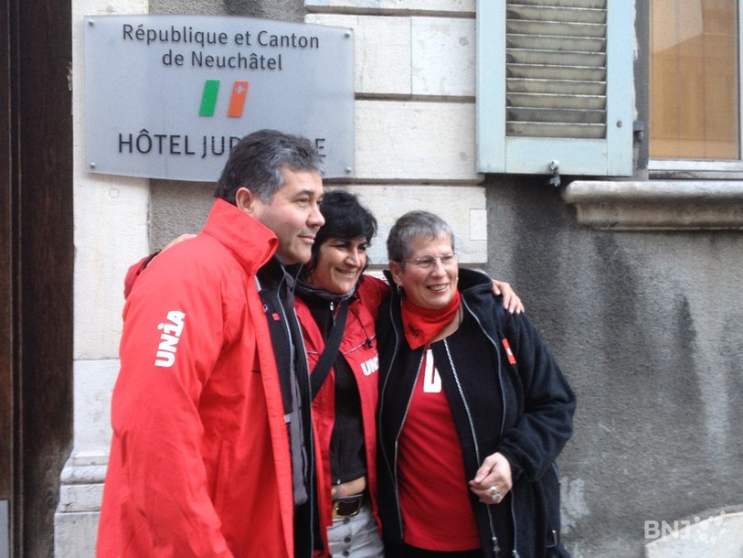 Trois collaborateurs du syndicat Unia au tribunal.