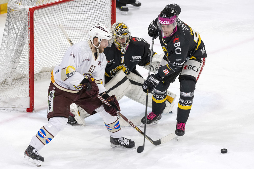 Le capitaine du HC Ajoie Jordane Hauert surveille l'attaquant de Genève Linus Omark devant son gardien Tim Wolf (photo : KEYSTONE/Georgios Kefalas).