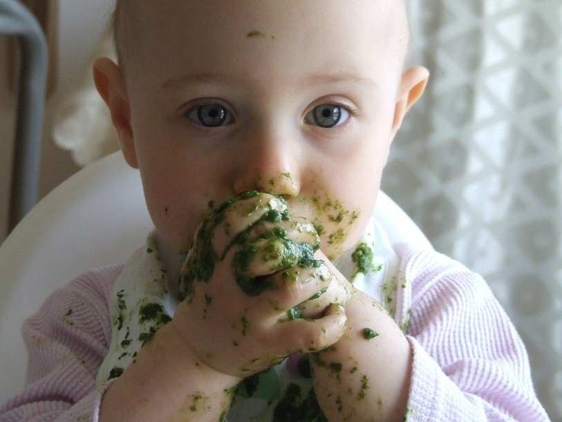 bébé couvert de purée d'épinards
