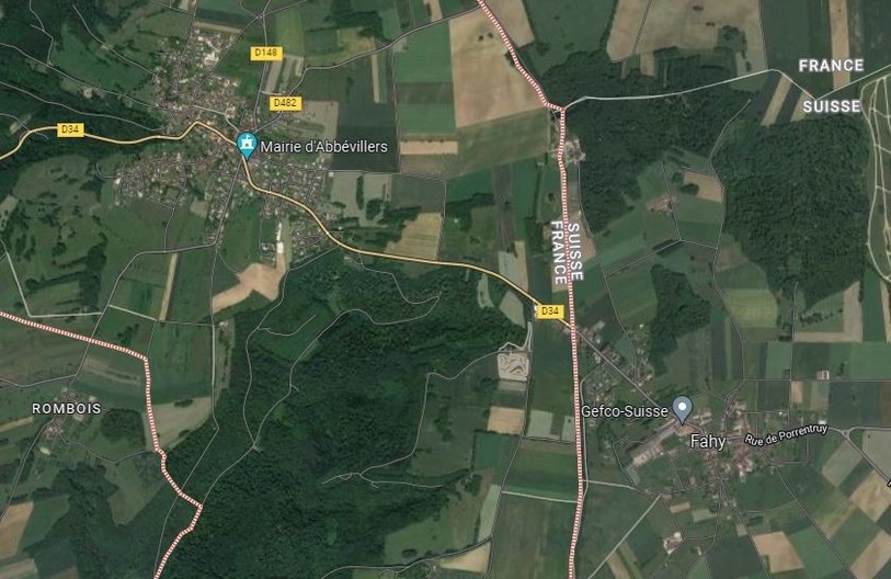 Le corps sans vie a été retrouvé dans cette zone entre Abbévillers et le Jura. (Image: Google Map, données cartographiques 2022 : CNS / Airbus / GeoContent / Maxar Technologie / VirtuelCity and CAPM)