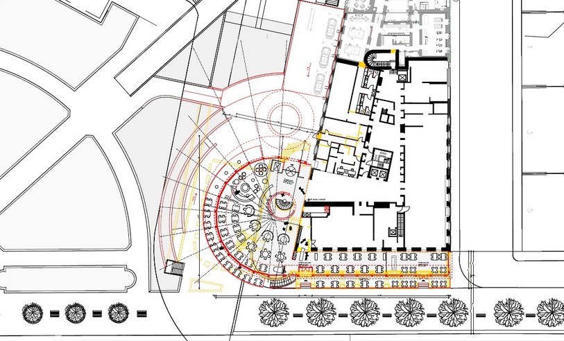 Les plans des travaux prévus. En jaune, les structures actuels qui seront détruites. En rouge, ce qui sera construit. (Photo : Bureau d'architecture Pierre Studer)
