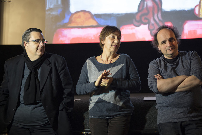 Le directeur de la cinémathèque suisse Frédéric Maire et les co-directeurs de la Lanterne magique, Francine Pickel et Vincent Adatte.