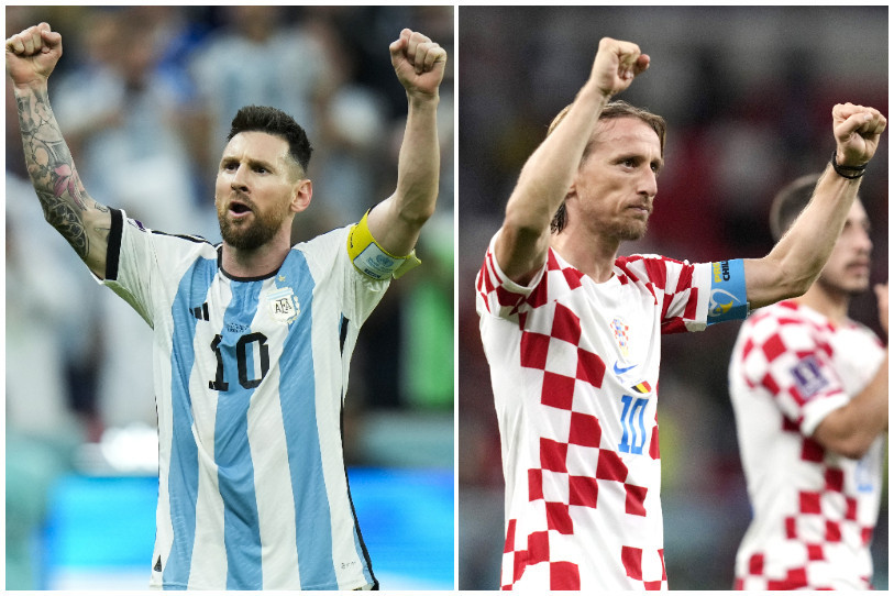 La première demi-finale de la Coupe du monde de football au Qatar oppose l'Argentine de Lionel Messi (à gauche) à la Croatie de Luka Modric. (Photos: AP Photo/Thanassis Stavrakis/Francisco Seco)