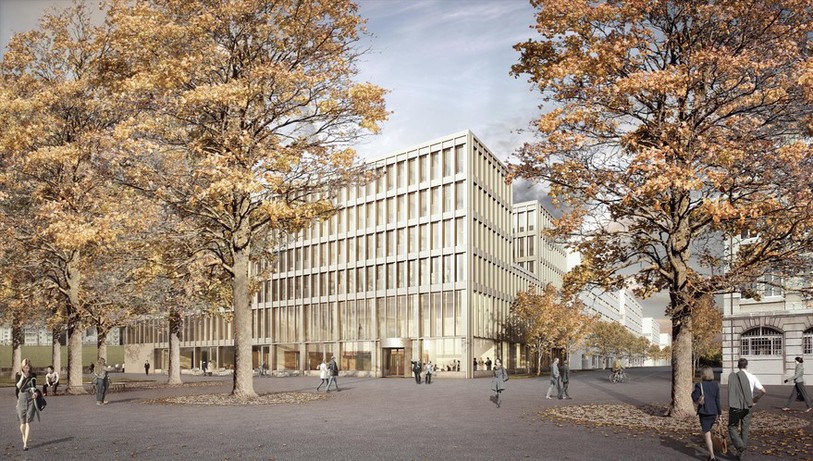 La place de la Gare telle qu'imaginée dans le projet du Nouvel Hôtel Judiciaire. Source : Isler Gysel Architekten, Zürich