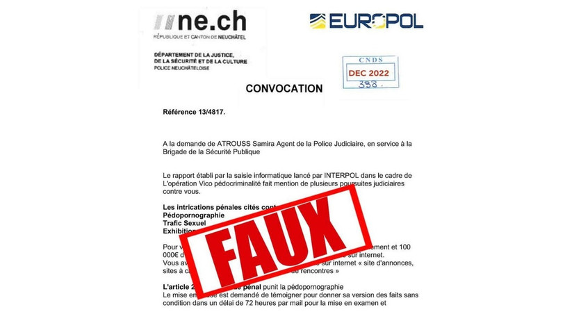 Une recrudescence de convocation judiciaire dans ce genre inquiète la Police neuchâteloise. (Photo : document/Police neuchâteloise)