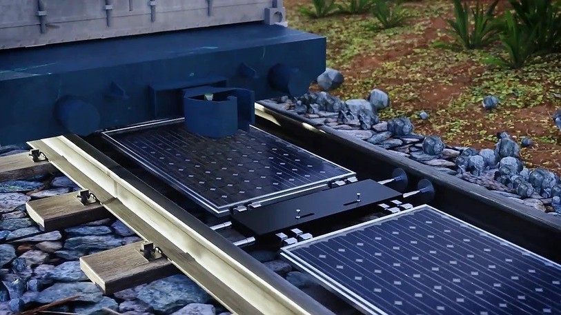 Les panneaux solaires sont posés de manière mécanique entre les voies et peuvent être retirés par le même procédé lors des travaux de maintenance des installations ferroviaires. (Photo : Sun-Ways)