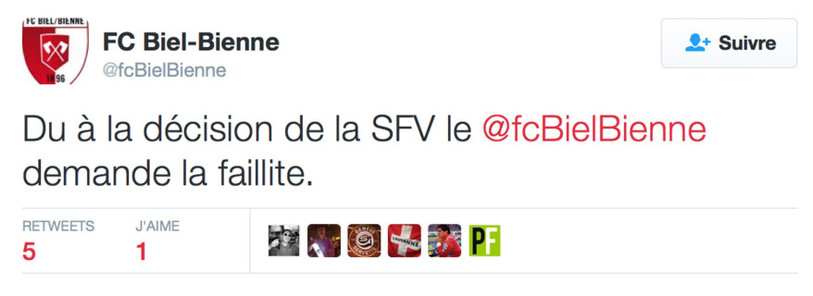 Le tweet publié lundi soir par le FC Bienne
