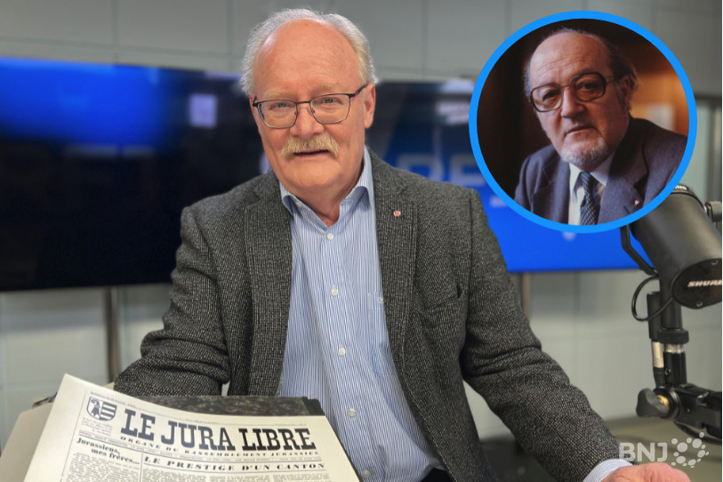Le secrétaire général du MAJ, Pierre-André Comte, pose ici avec le tout premier numéro du Jura Libre, sorti le 13 février 1948, il y a 75 ans jour pour jour. En médaillon, Roger Schaffter, l’un des pères du Jura, disparu le 13 février 1998, il y a 25 ans jour pour jour. (Photo médaillon : ETH-Bibliothek Zürich, Bildarchiv / Candid Lang).