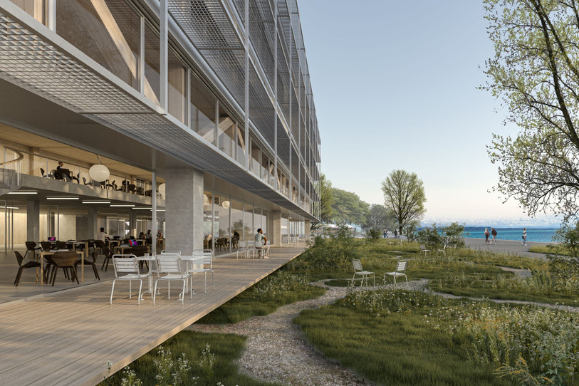 Vue côté lac du bâtiment Univers. (Photomontage du bureau Berrel Kräuter Architekten)