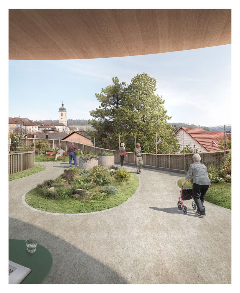 L'espace extérieur imaginé sur le toit de l'extension doit offrir un cadre sécurisé aux résidents souffrant de troubles cognitifs. (Image : BURRI-Partenaires).
