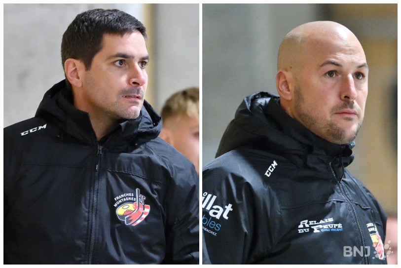 De gauche à droite : Michaël Neininger laisse sa place à Michaël Röthenmund à la bande du HCFM. (Photos : archives).
