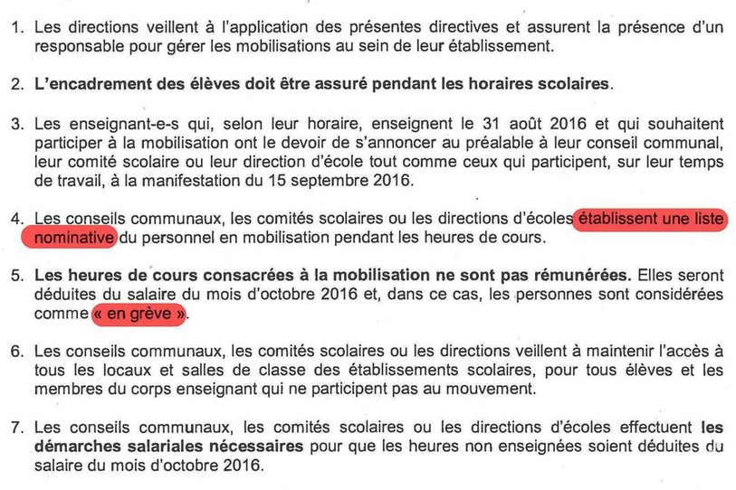 La lettre demande aux directions d'écoles de réaliser une liste des enseignants qui prennent part au mouvement et (au bas de cette page) de transmettre cette liste au Département.