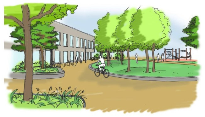 Image d'illustration du futur parc depuis la rue de l'Avenir. (Image : Ville de Delémont).