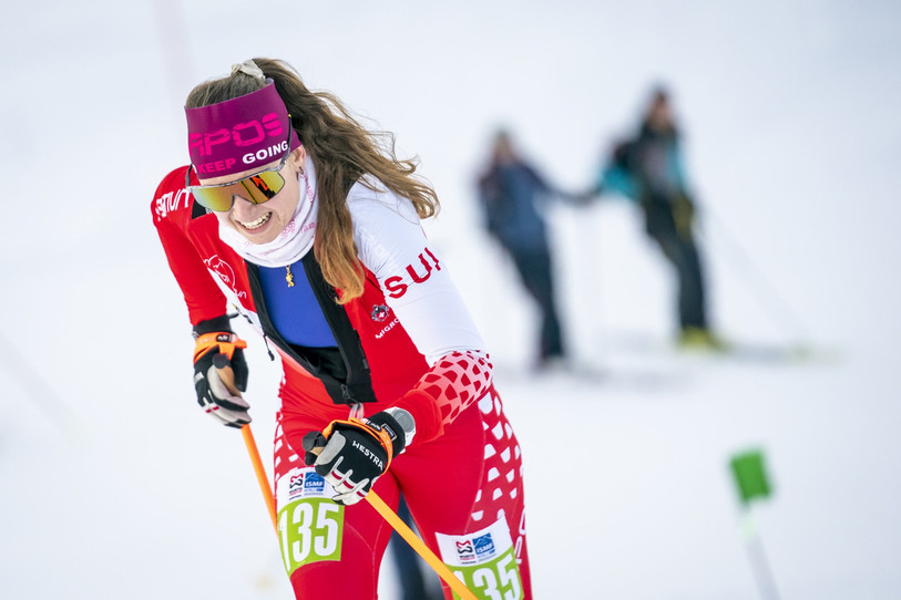 Marianne Fatton a terminé deux fois sur le podium ce week-end sur la future piste des JO de 2026. (Photo Keystone/Maxime Schmid)