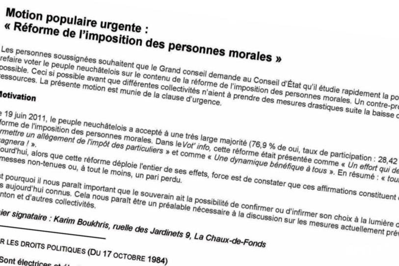 Le texte de la motion propose de revoir la fiscalité des personnes morales.