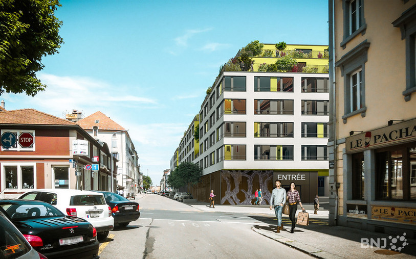 Le futur bâtiment vu depuis l'ouest sur la rue de la Serre (Image: Julien Dubois architectes SA)