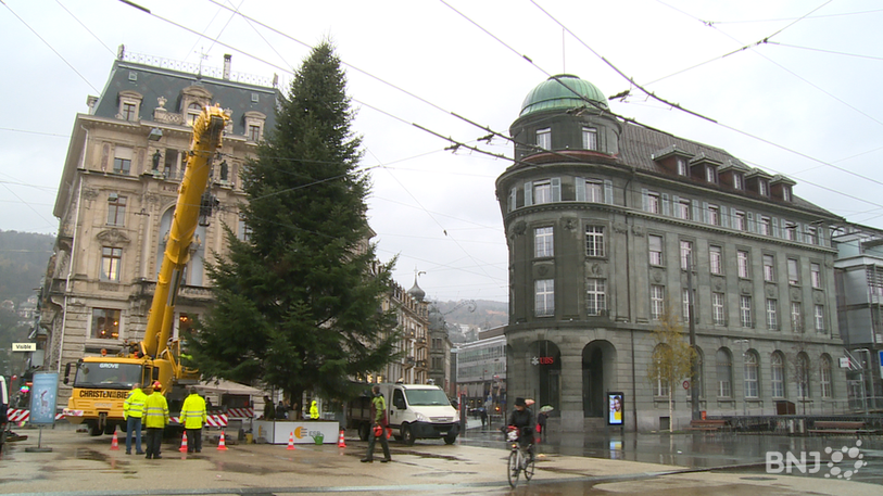 Le 13e sapin de Noël ESB se dresse fièrement en plein centre-ville de Bienne..