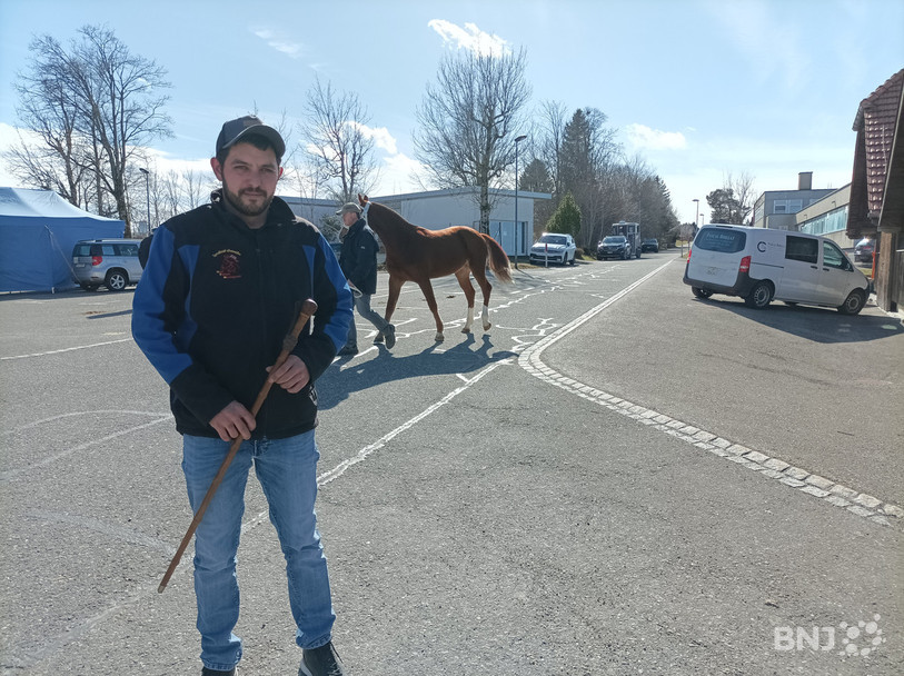 Romain Theurillat tient dans ses mains la « canne de Jean Jobin », le sceptre du syndicat utilisé il y a un siècle pour mesurer la taille des chevaux.