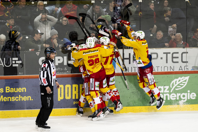 Le HC Bienne remporte son quart de finale. (Photo : KEYSTONE / Anthony Anex).