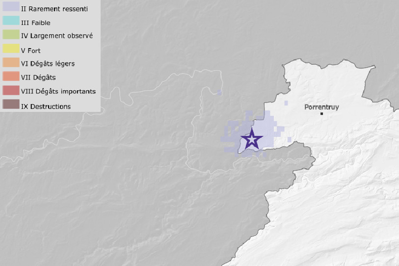 La tremblement de terre du 22 mars 2023 avait été ressenti jusqu'à 74 km de l'épicentre. (Image : Service sismologique suisse)