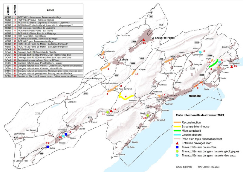 L'état des chantiers planifiés à la mi-février. La carte est régulièrement mise à jour (image : Ponts et chaussées).