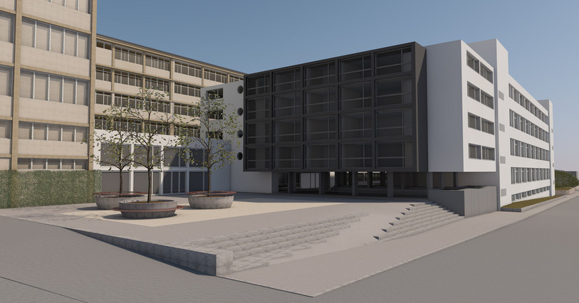 La Migros devrait occuper la zone à l'arrière des arbres, à l'ouest du nouveau complexe administratif. (Photo : Quadro Bau)