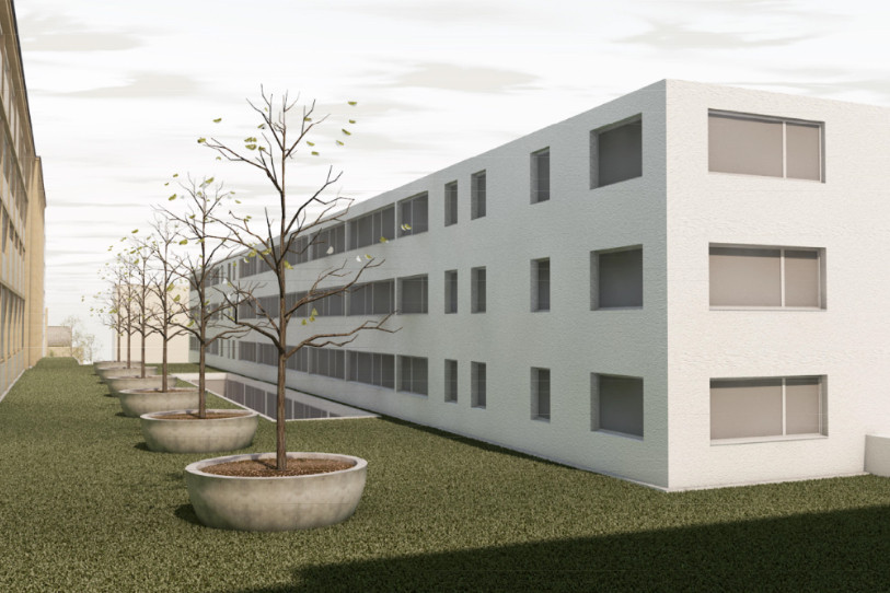 Le toit à l'arrière du complexe, au moment de la présentation du projet, mettait en avant sa végétalisation. (Photo : Quadro Bau)