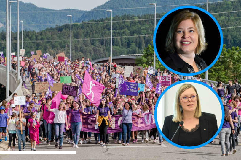 Jeanne Beuret, membre de l'Association interjurassienne grève des femmes et Amélie Brahier, présidente du Parlement jurassien, échangent sur les luttes féministes mercredi 3 mai.