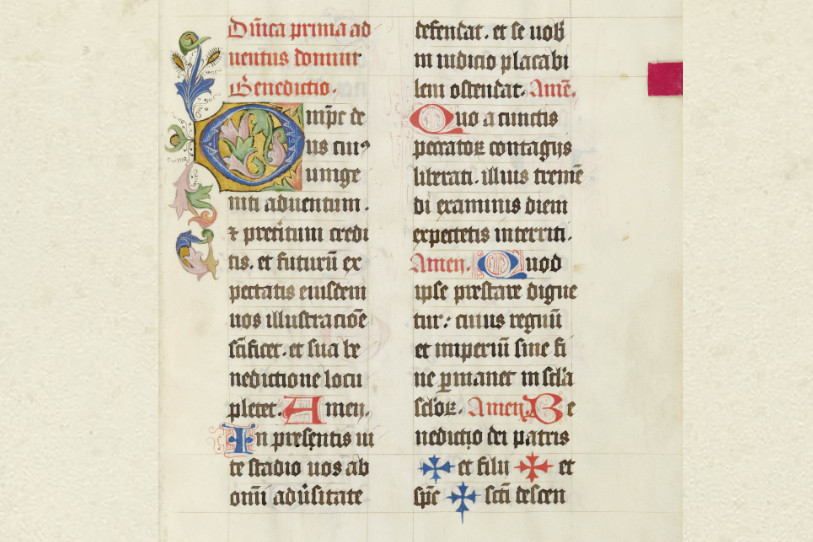 La manuscrit, écrit en latin, est calligraphié en caractères gothiques à l'encre brune, bleue et rouge sur vellum (parchemin) avec dix miniatures (initiales). (Image: Canton du Jura)