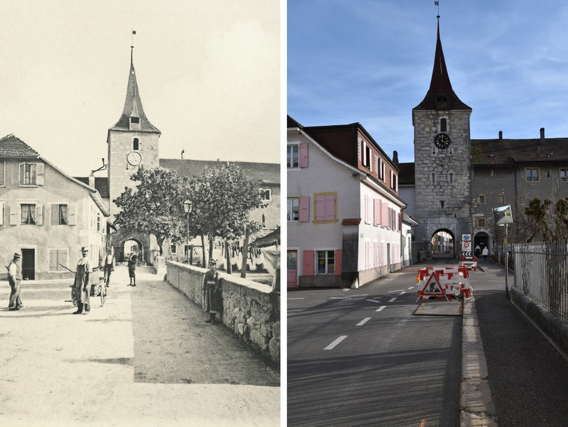 Une scène de vie dans les années 1900 au pied de la tour nord du bourg du Landeron et sa contrepartie actuelle. (Photo : collection Jacques Girard)