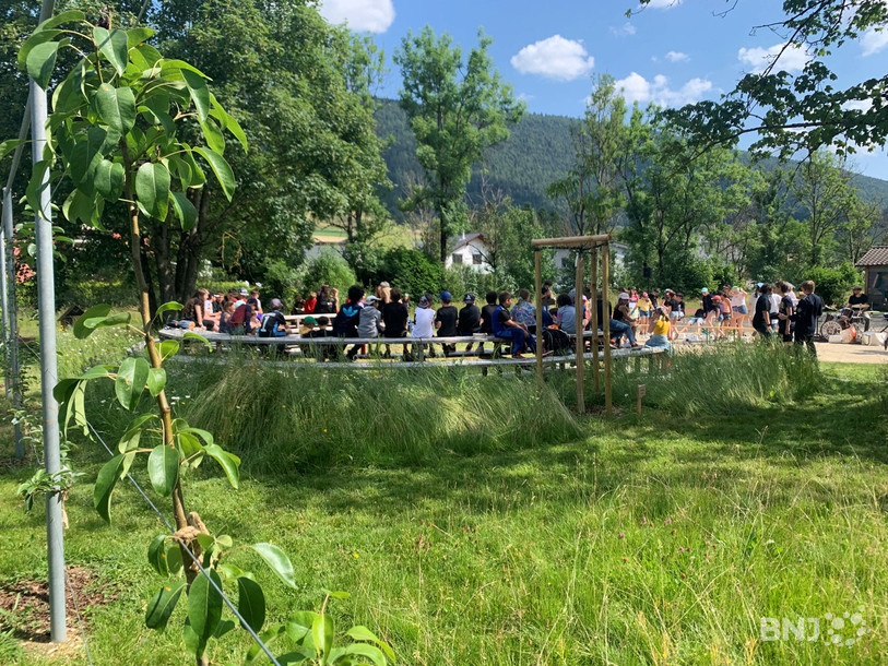 Un amphithéâtre en bois construit par les écoliers du cycle 3 avec le soutien des artisans de la région. Les plus jeunes élèves se sont occupés d’agrémenter le site d’arbres fruitiers, de petits fruits et d’arbustes.