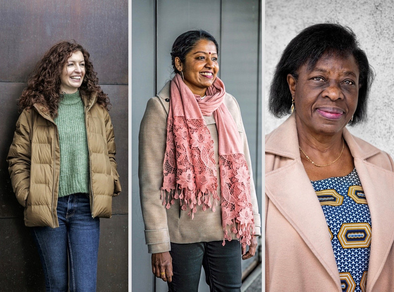 Trois des onze portraits de femmes à découvrir. De gauche à droite : Yllka a quitté le Kosovo en 1998, elle avait 10 ans. Elle habite à Lausanne, Sayanthini, tamoule qui a quitté le Sri Lanka en 1999 à l’âge de 21 ans, elle habite à La Chaux-de-Fonds, Thérèse qui a quitté le Burundi avec ses deux filles mais sans son fils en 1994, elle vit à Genève. (Photos : Sarah Carp)