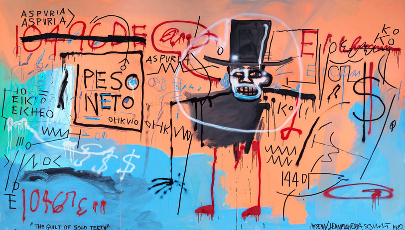 Jean-Michel Basquiat, The Guilt of Gold Teeth, 1982. Acrylique, peinture en aérosol et bâton d'huile sur toile, 240 x 421,3 cm. Nahmad Collection. (Estate of Jean-Michel Basquiat. Licensed by Artestar, New York. Photo : Annik Wetter).