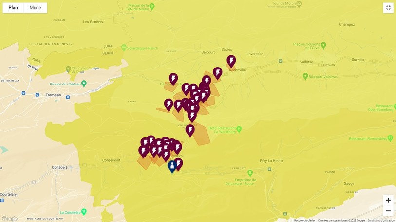 A 10h21, 3'600 clients BKW de Sonceboz, Tavannes et Reconvilier n'avaient plus d'électricité. (Photo: outage.bkw.ch)
