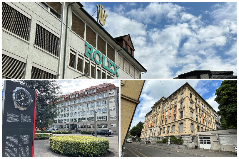 Trois lieux emblématiques de l'histoire horlogère biennoise : en haut, la première usine Rolex. En bas (de gauche à droite) : l'usine Omega comprenant l'une des stèles restantes et l'ancien Technicum, première école d'horlogerie de Suisse.