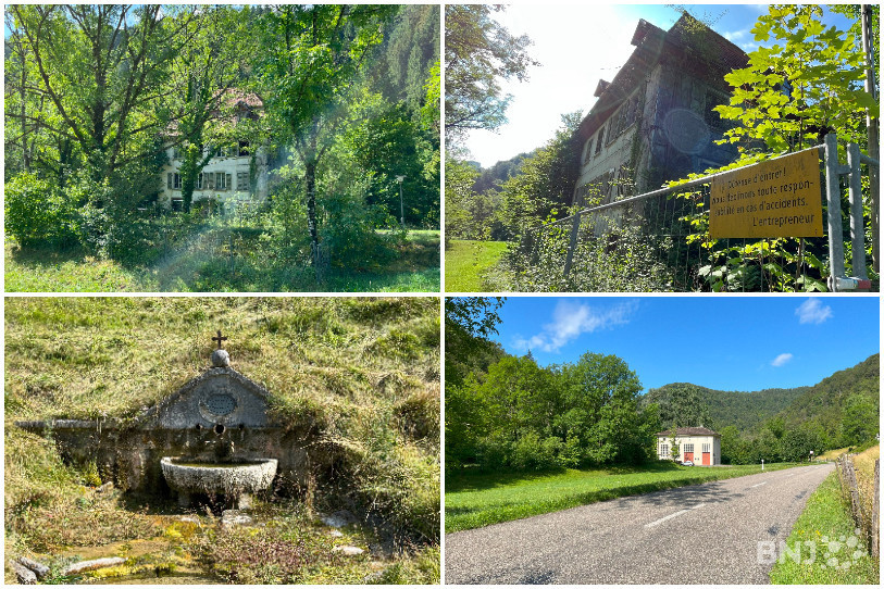 Le site de Bellefontaine, entre St-Ursanne et Ocourt, avec sa fontaine (en bas à gauche) et la centrale hydroélectrique qui date des années 50 (en bas à droite).