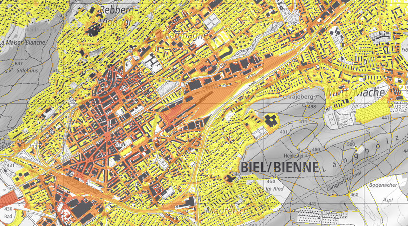 En tant que ville, Bienne est particulièrement concernée par ce phénomène. (Photo : capture d'écran des cartes climatiques du canton de Berne)