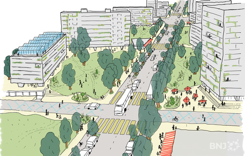 Vision d’avenir : la route de Berne et ses alentours. Le projet de réaménagement du quartier avec une route à moins grande vitesse. (Image : Laboratoire urbain Bienne).