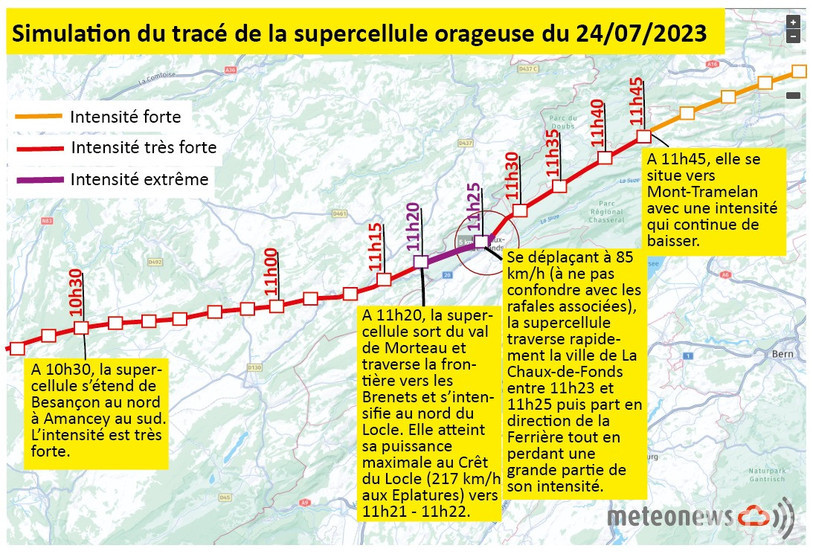 Le tracé publié par Meteonews permet de visualiser l'itinéraire de la « supercellule orageuse » qui a frappé les Montagnes neuchâteloises ce lundi. (Photo : meteonews.ch)