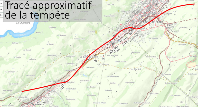 La tempête est venue du Locle et a traversé La Chaux-de-Fonds, selon le tracé approximatif des autorités. (Photo : Ville de La Chaux-de-Fonds