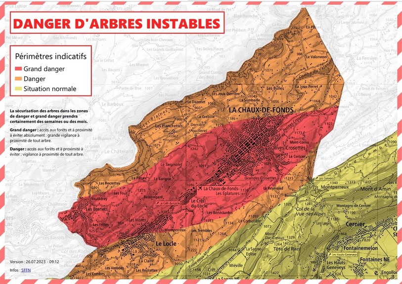 Une carte indique le danger d'arbres instables dans les forêts des Montagnes neuchâteloises. (Photo : SFFN)