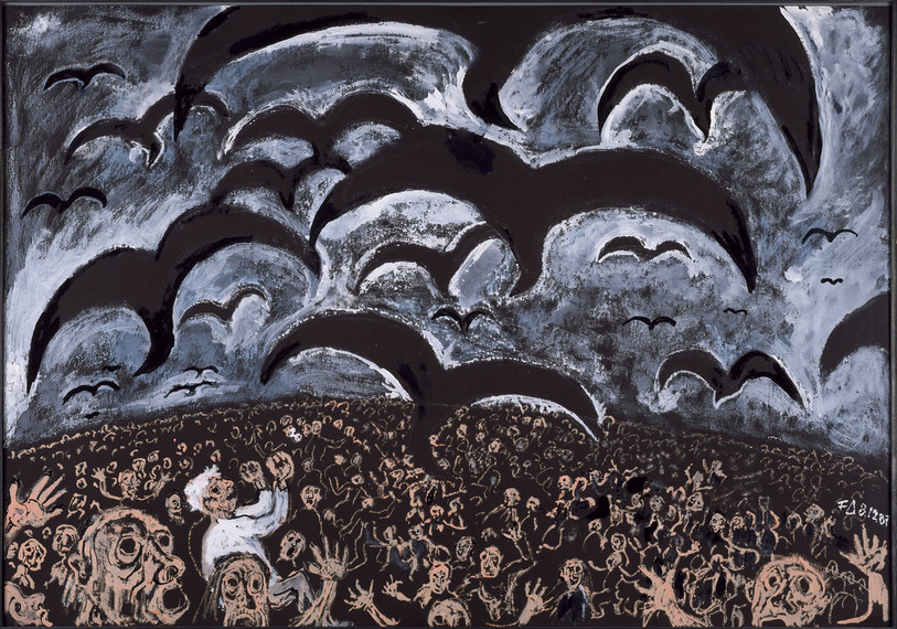 Friedrich Dürrenmatt, Dernier affrontement, 1987, gouache sur carton, 69.7 × 99.5 cm, collection Centre Dürrenmatt Neuchâtel. (Photo : CDN/Confédération suisse)