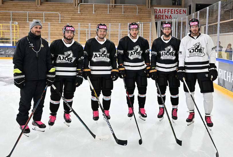 Le nouvel entraîneur du HCA Christian Wohlwend pose avec les nouveaux joueurs : Daniel Audette, Adam Rundqvist, Joel Scheidegger, Jannik Fischer et Eric Gélinas (de g. à dr.).