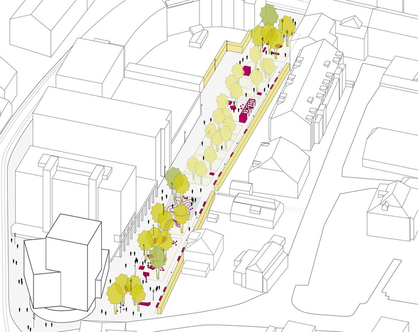 Le plan de la nouvelle promenade publique comprend plusieurs aires de jeu, un terrain de streetball et des engins de fitness. (Illustration : Urbanisme de la ville de Bienne)