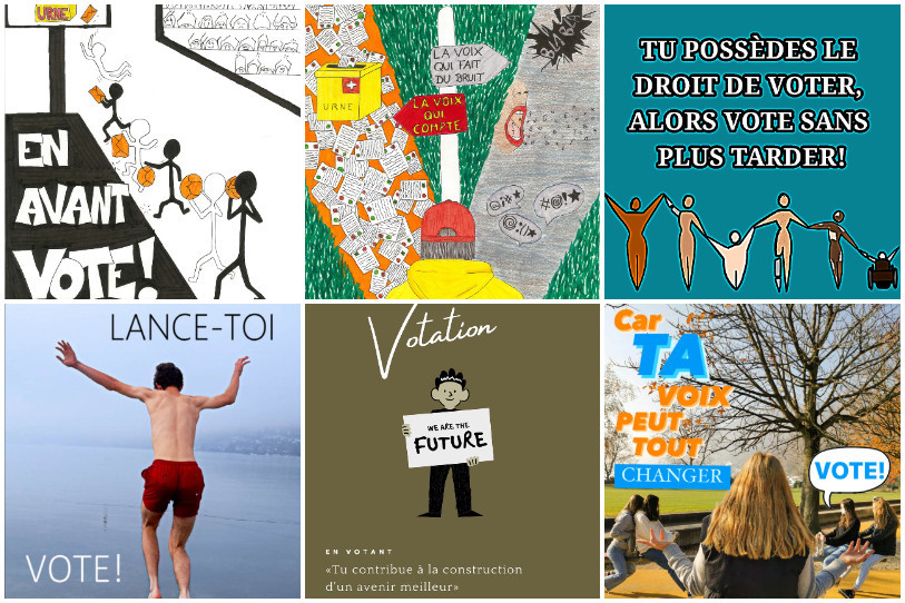 Les six affiches récompensées lors du concours BE VOTE. (En haut, de gauche à droite, catégorie 10-16 ans: 1er prix : affiche « En avant vote », CinéCivic 2021-2022, 2ème prix : affiche « Choisis ta voie », CinéCivic 2021-2022, 3ème prix : affiche « Tous égaux, alors vote », BE VOTE 2022-2023. En bas, de gauche à droite, catégorie 17-25 ans: 1er prix : affiche « Lance-toi ! », CinéCivic 2021-2022, 2ème prix : affiche « Contribue à la construction d’un meilleur avenir », BE VOTE 2022-2023, 3ème prix : affiche « Faites le déséquilibre », CinéCivic 2021-2022)